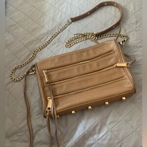 Rebecca Minkoff camel leather cross body purse with zippers & gold detail.